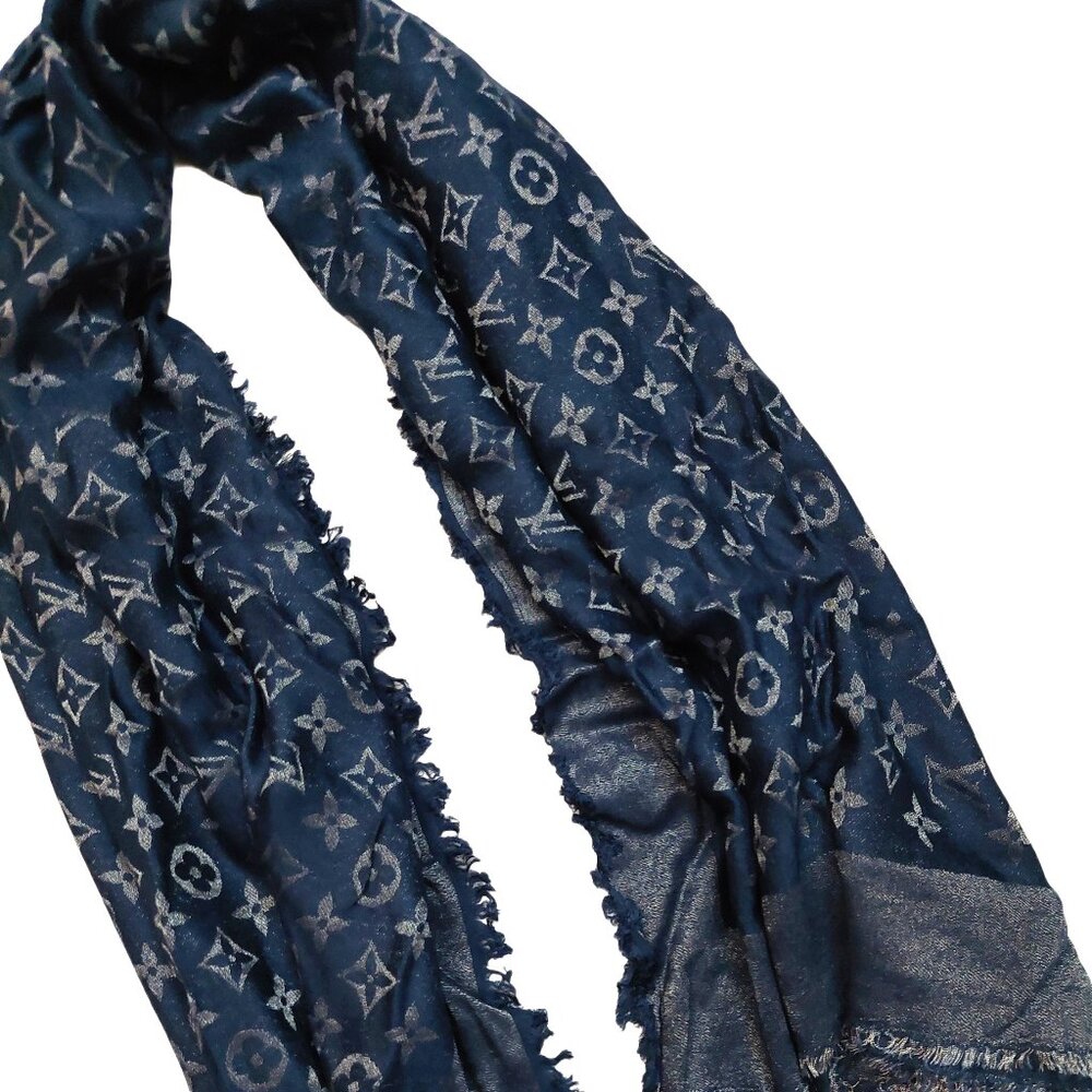 LOUIS VUITTON Vintage Iridescent Midnight Blue Silver Silk Wool Scarf Shawl Wrap - Picture 4 of 10